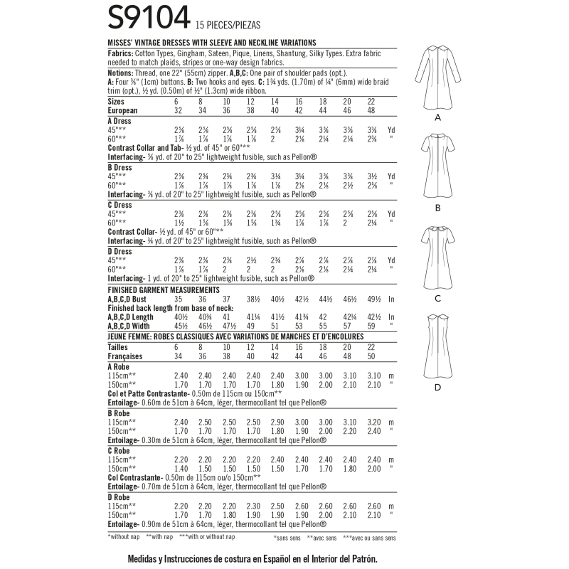 Patron Simplicity 9104.H5 - Robe Vintage rétro Sixties différents cols
