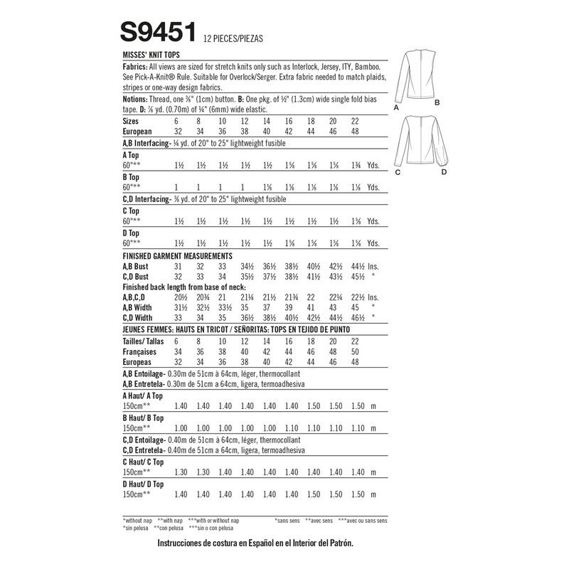 Patron Simplicity 9451.R5 - Hauts en tricot pour femme