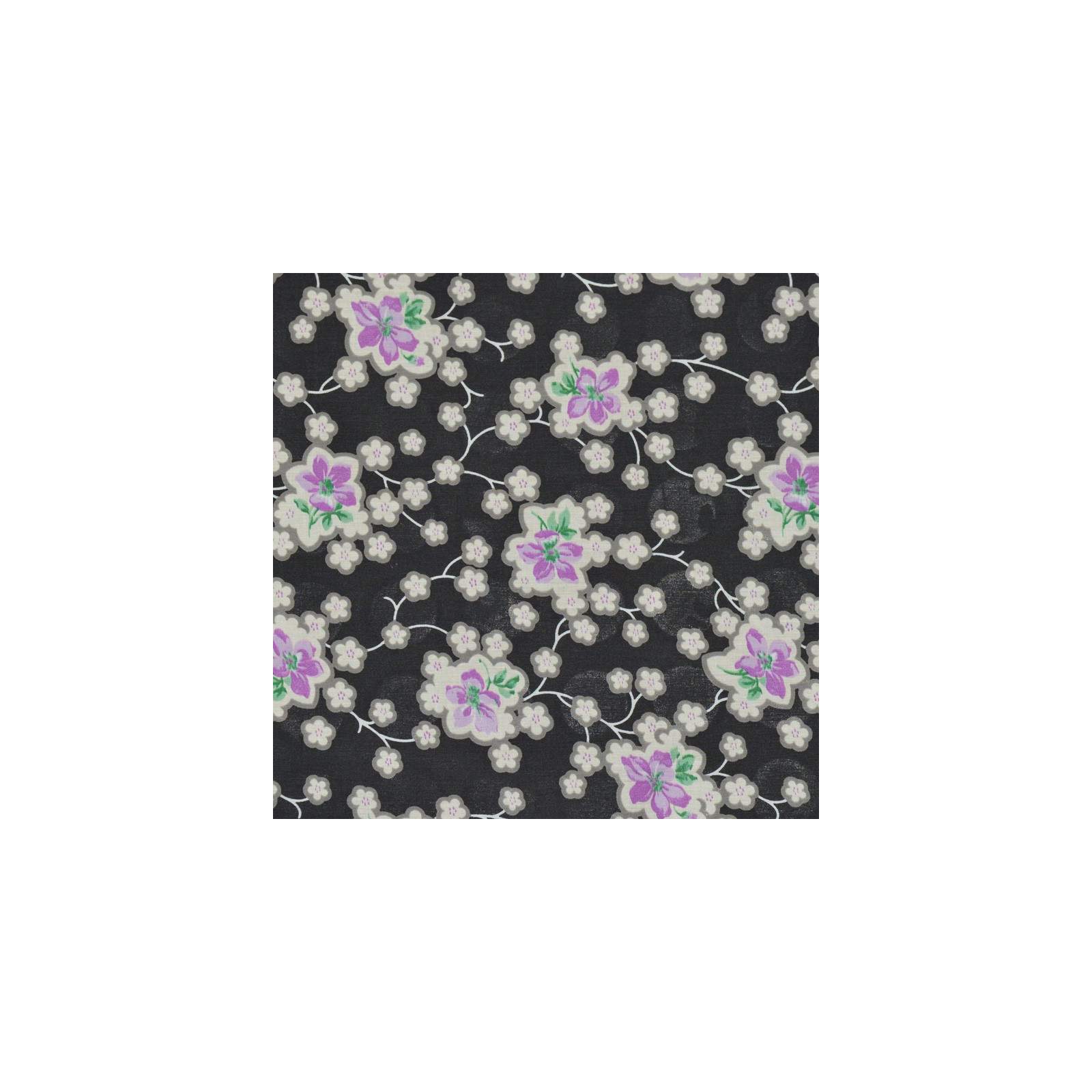 Tissu voile de coton fleuri violet et noir