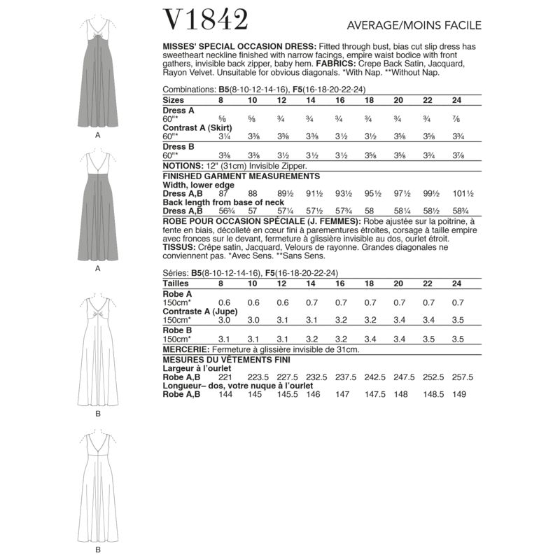 Patron Vogue 1842 B5 - Robe de soirée longue sans manches à découpe sous-buste