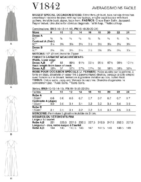 Patron Vogue 1842 B5 - Robe de soirée longue sans manches à découpe sous-buste