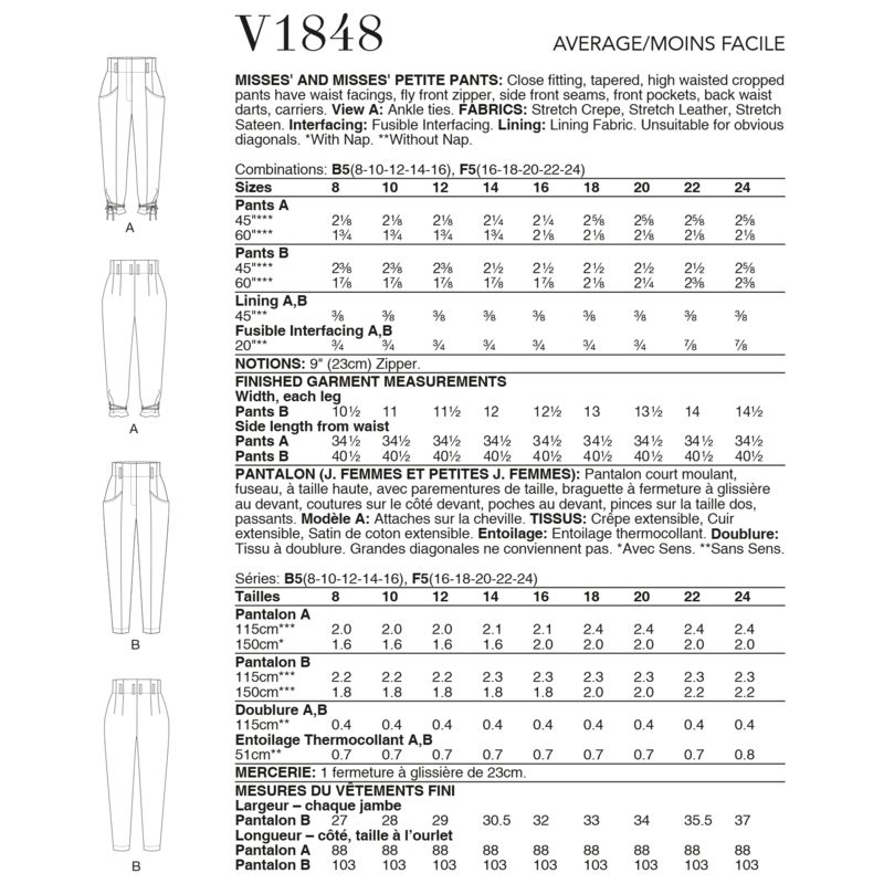 Patron Vogue 1848 F5 - Pantalon court à taille haute, style carotte