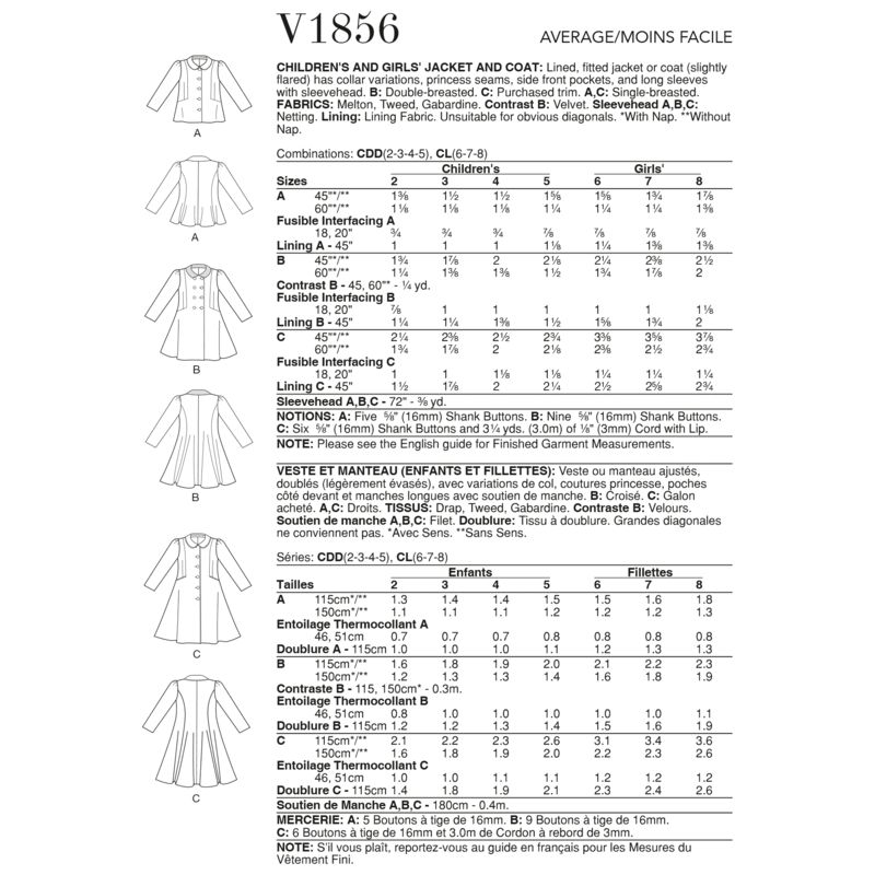 Patron Vogue 1856 CL - Manteau et veste style redingote