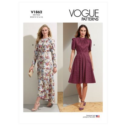 Patron Vogue 1862 F5 - Robe cintrée à la taille avec encolure froncée et manches bouffantes