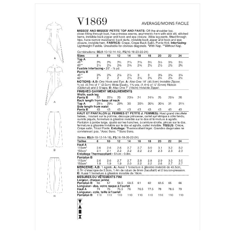Patron Vogue 1869 B5 - Ensemble de soirée : Top à épaules dénudées et bas asymétrique accompagné d'un pantalon large
