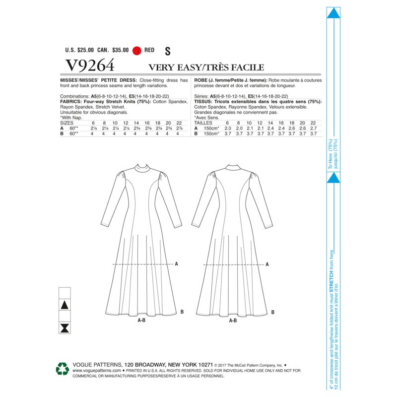 Patron Vogue 9264 A5 - Robes femme à col montant avec manches longues