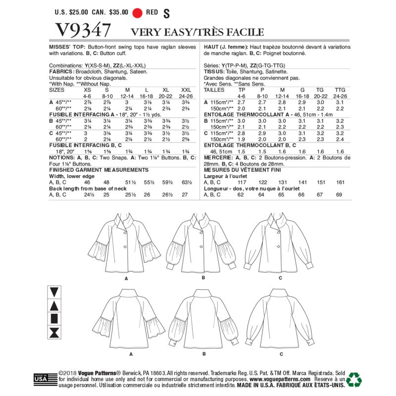 Patron Vogue 9347 ZZ - Veste femme de coupe trapèze avec manches raglan