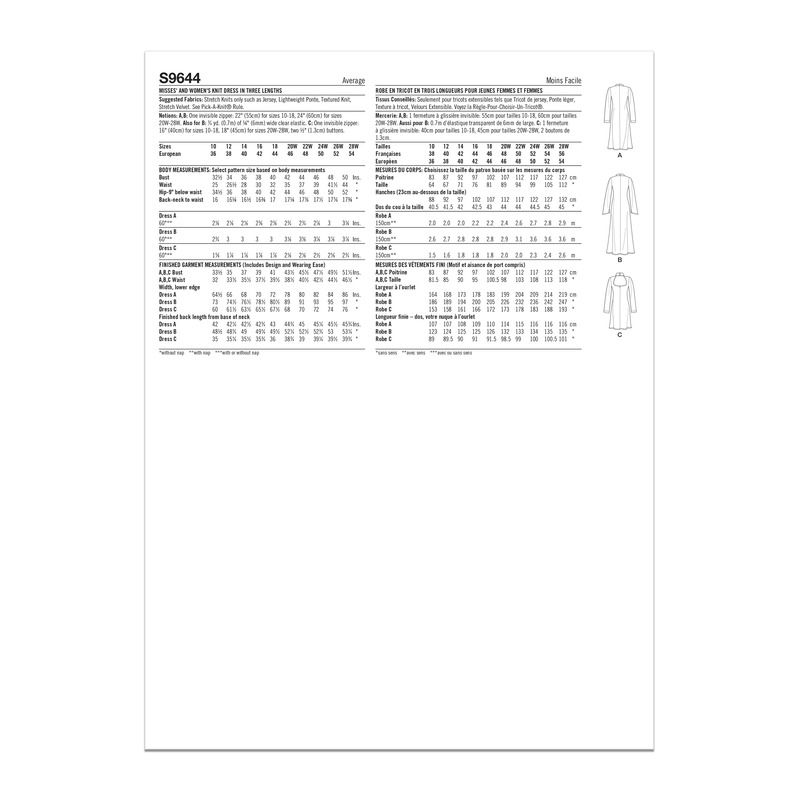 Patron Simplicity 9644.AA - Robe en tricot en trois longueurs
