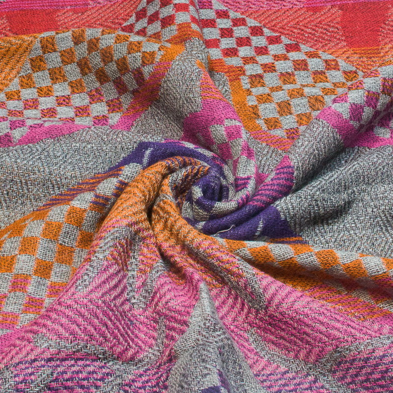 Écharpe laine & coton - Patchwork bohème gris clair & multicolore
