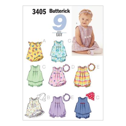 Patron Butterick 3405/L - Robe, haut, barboteuse, culotte & bande de tête