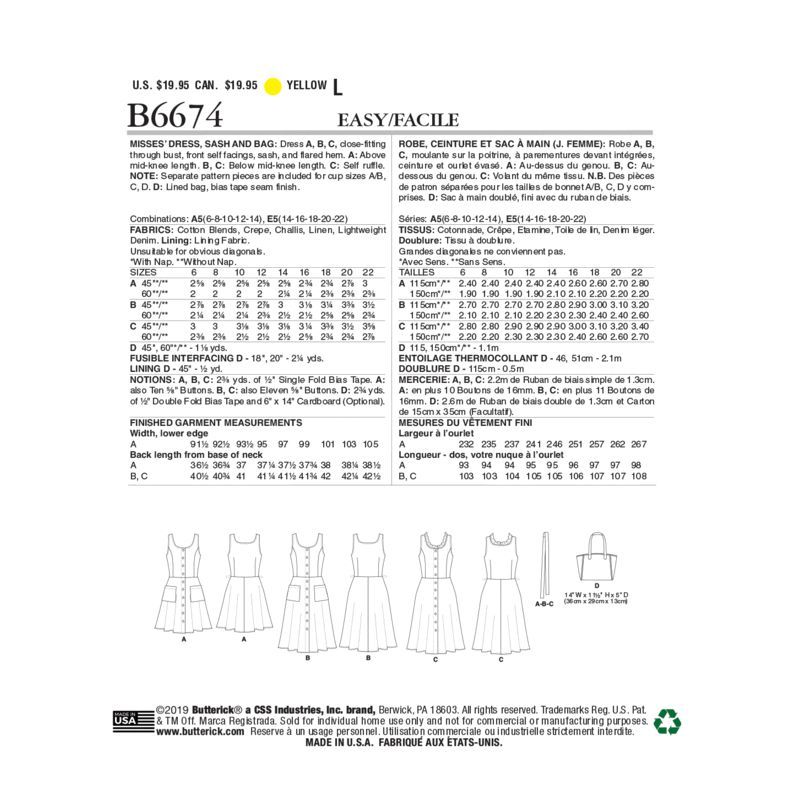 Patron Butterick 6674/E5 - Robe, ceinture et sac à main
