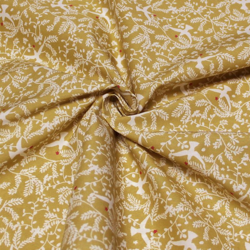 Percale 100% coton peigné luxe - Oiseau & feuillage fond moutarde