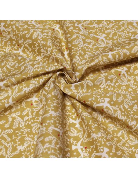 Percale 100% coton peigné luxe - Oiseau & feuillage fond moutarde