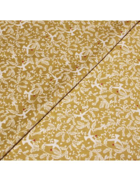 Percale 100% coton peigné luxe - Oiseau & feuillage fond moutarde