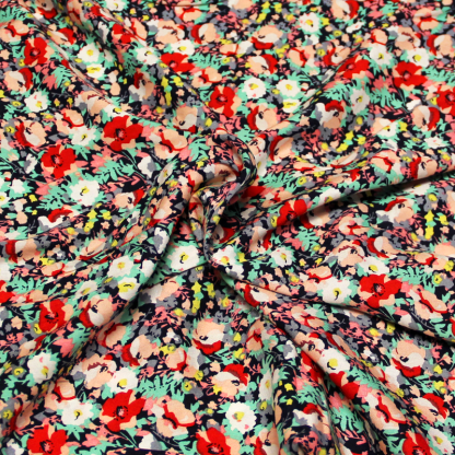 Étoffe 100% viscose - Fleuri rouge & turquoise fond marine 2