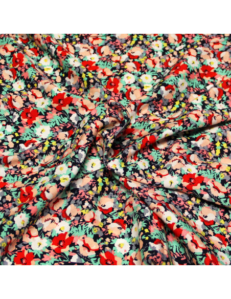 Étoffe 100% viscose - Fleuri rouge & turquoise fond marine