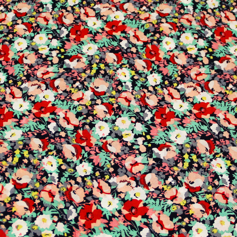 Étoffe 100% viscose - Fleuri rouge & turquoise fond marine