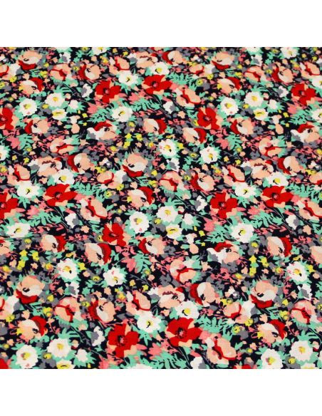 Étoffe 100% viscose - Fleuri rouge & turquoise fond marine