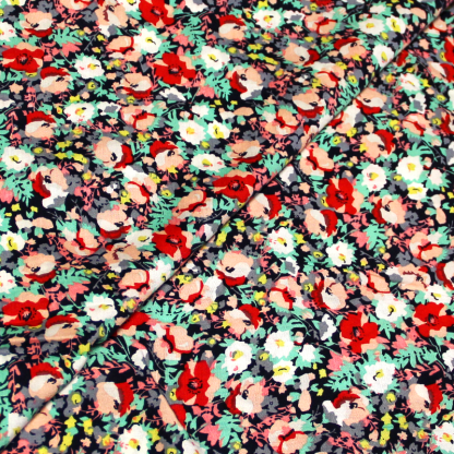 Étoffe 100% viscose - Fleuri rouge & turquoise fond marine