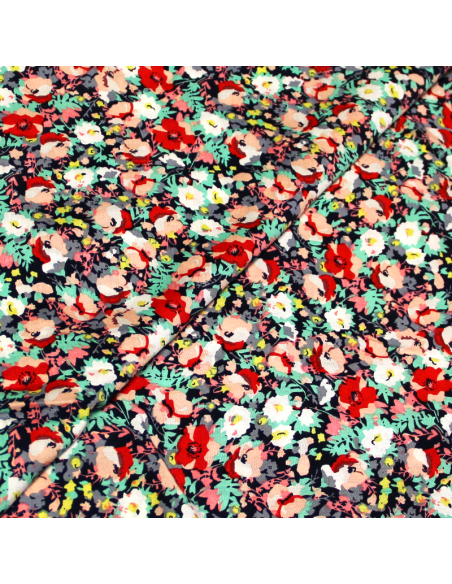 Étoffe 100% viscose - Fleuri rouge & turquoise fond marine