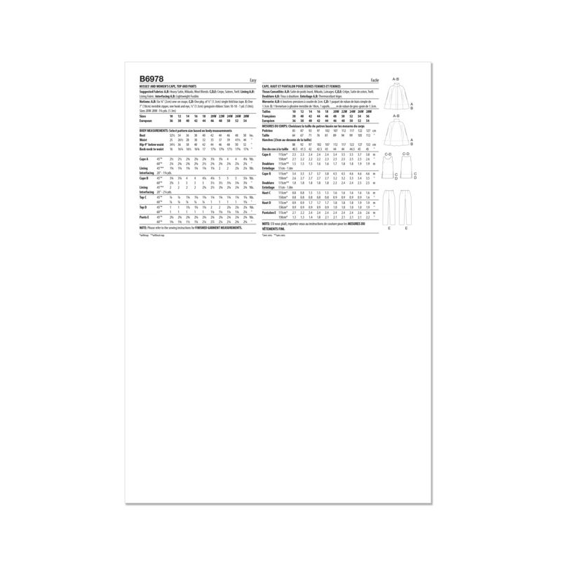 Patron Butterick 6978/BB - Cape, haut et pantalon