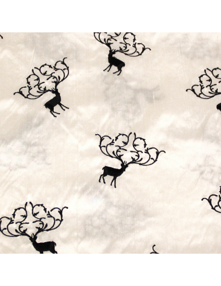 Soie sauvage 100% soie brodée - Cerf noir fond blanc cassé