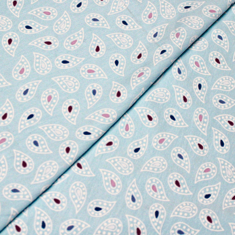 Jersey imprimé coton & élasthanne - Motif cachemire bleu ciel