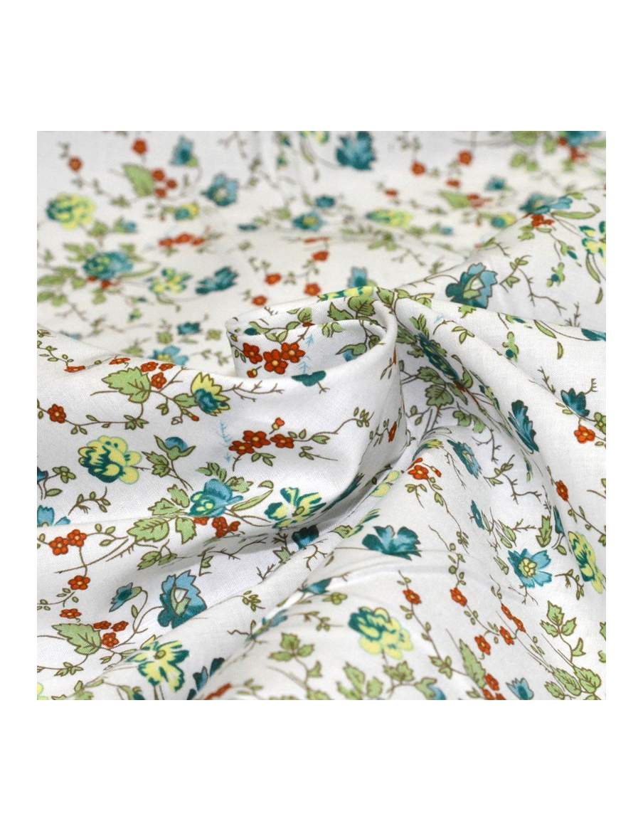 Tissu coton au mètre - floral vert & vermillon