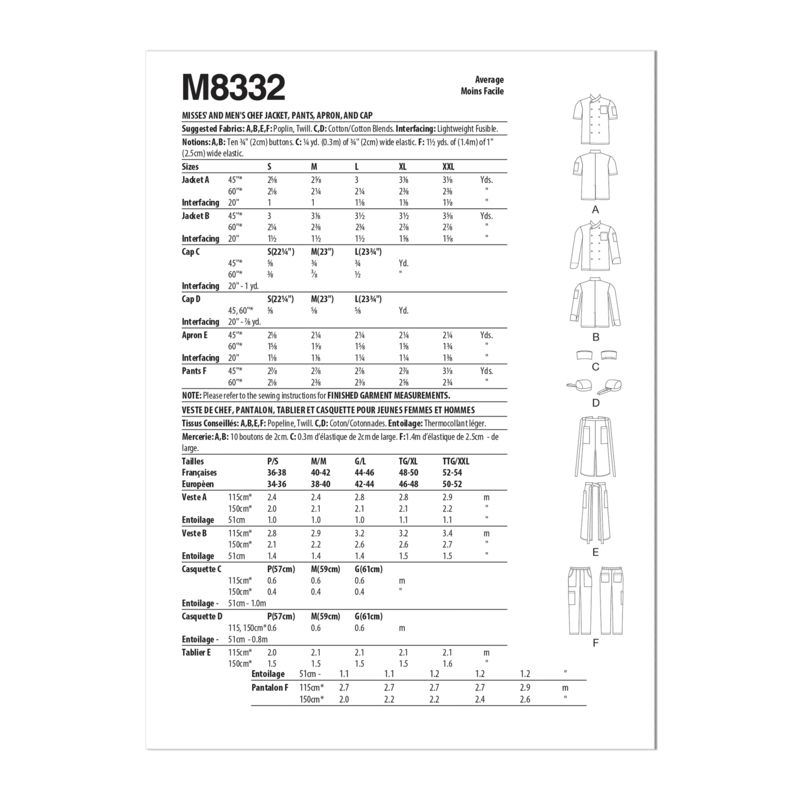 Patron McCall's 8332.A - Veste, pantalon, tablier et calotte de chef