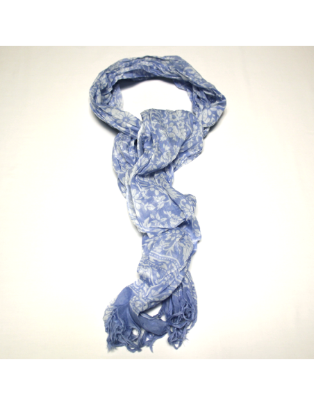 Étole 100% coton - Fleuri blanc fond bleu