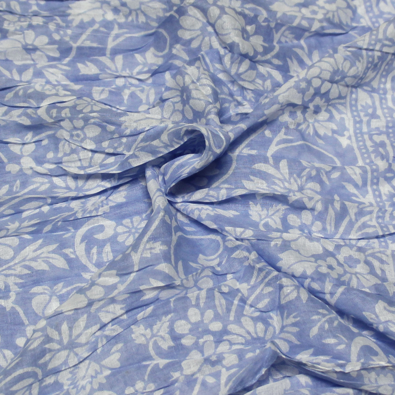 Étole 100% coton - Fleuri blanc fond bleu