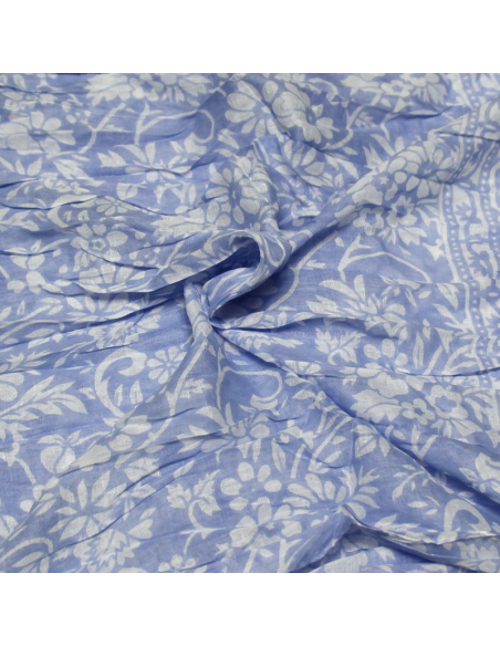 Étole 100% coton - Fleuri blanc fond bleu
