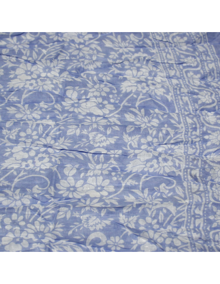Étole 100% coton - Fleuri blanc fond bleu