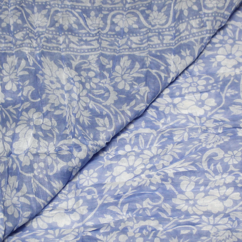 Étole 100% coton - Fleuri blanc fond bleu