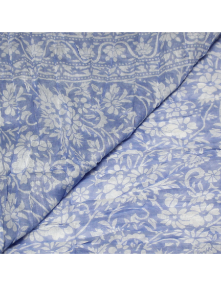 Étole 100% coton - Fleuri blanc fond bleu