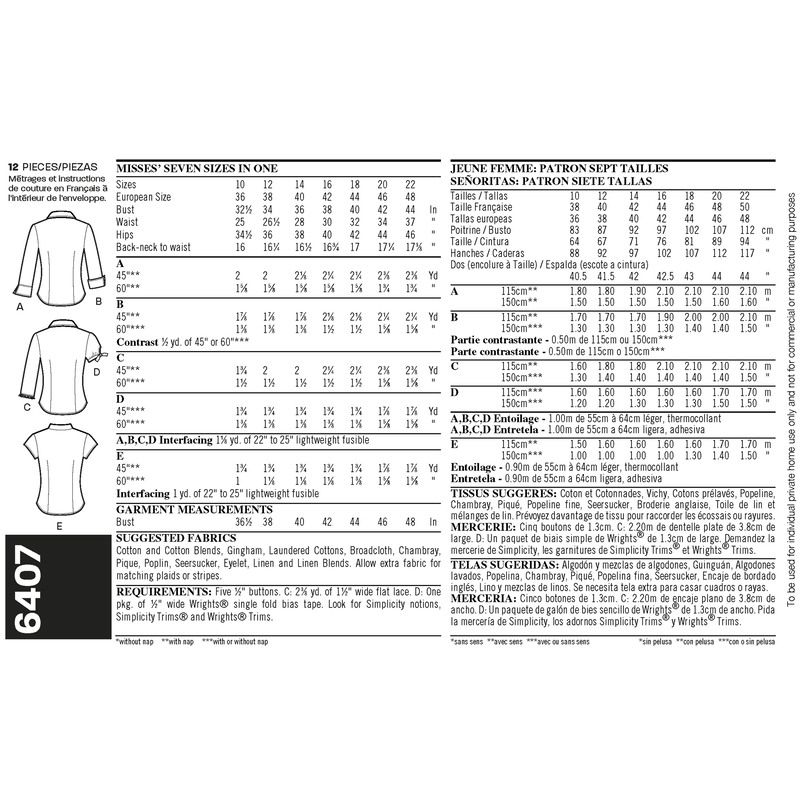Patron New Look 6407 - Chemise