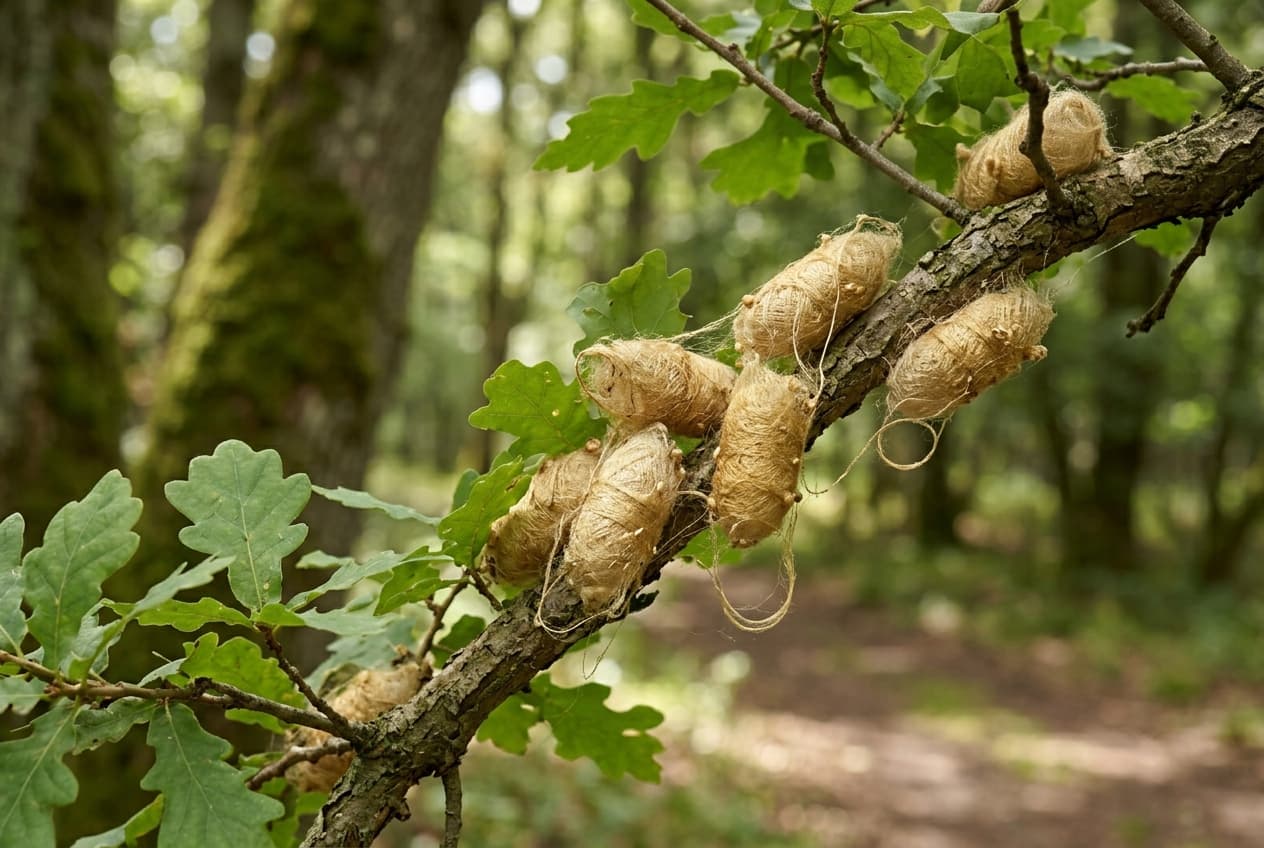 Cocons de soie Tussah naturels sur une branche de chêne, origine de la soie sauvage.