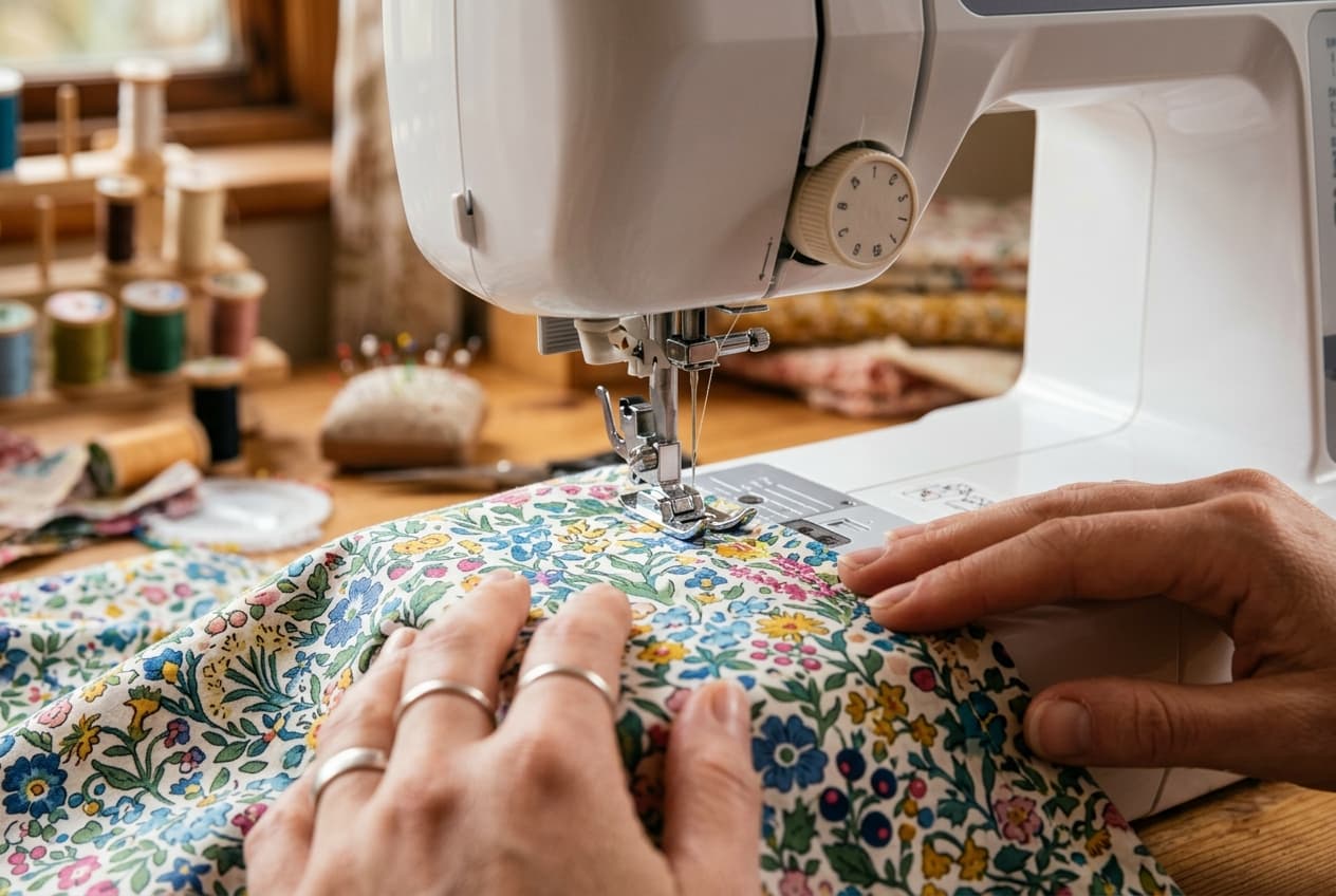 Gros plan sur une machine à coudre piquant un tissu en coton fleuri avec un fil assorti.