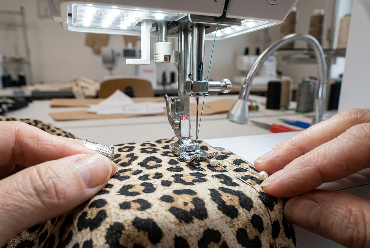 Couture de précision sur un tissu viscose fin avec une aiguille machine adaptée.