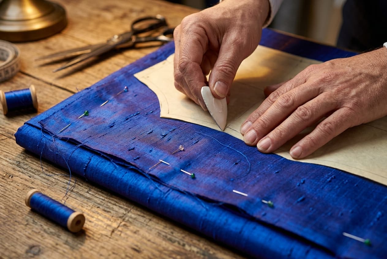 Main de couturière épinglant un patron sur de la soie sauvage bleu roi dans un atelier de haute couture.