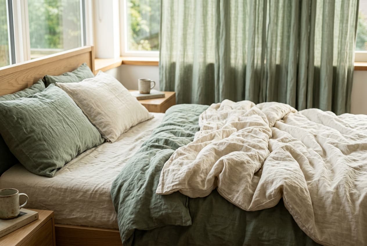 Parure de lit en lin lavé froissé couleur sauge pour une ambiance de chambre naturelle.