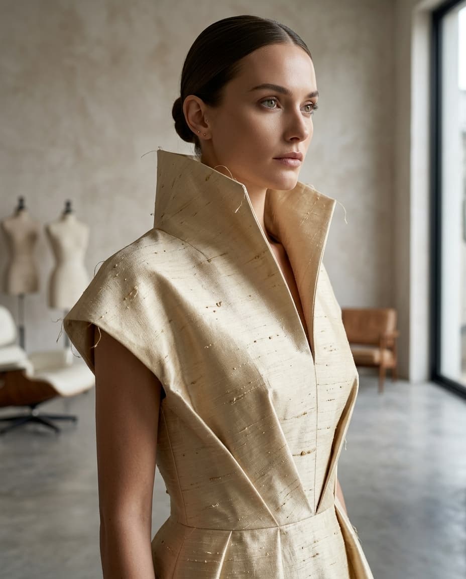 Robe de mariée structurée en soie sauvage ivoire avec une jupe à grand volume et un bustier élégant.
