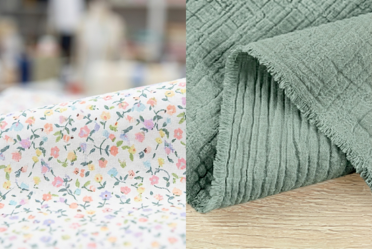 Comparaison de texture entre une popeline de coton lisse et une double gaze de coton gaufrée.