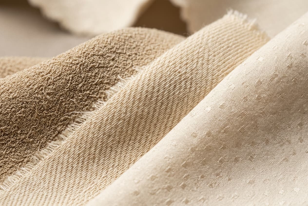 Gros plan comparatif sur les textures de viscose : le grain du crêpe et les diagonales du sergé.