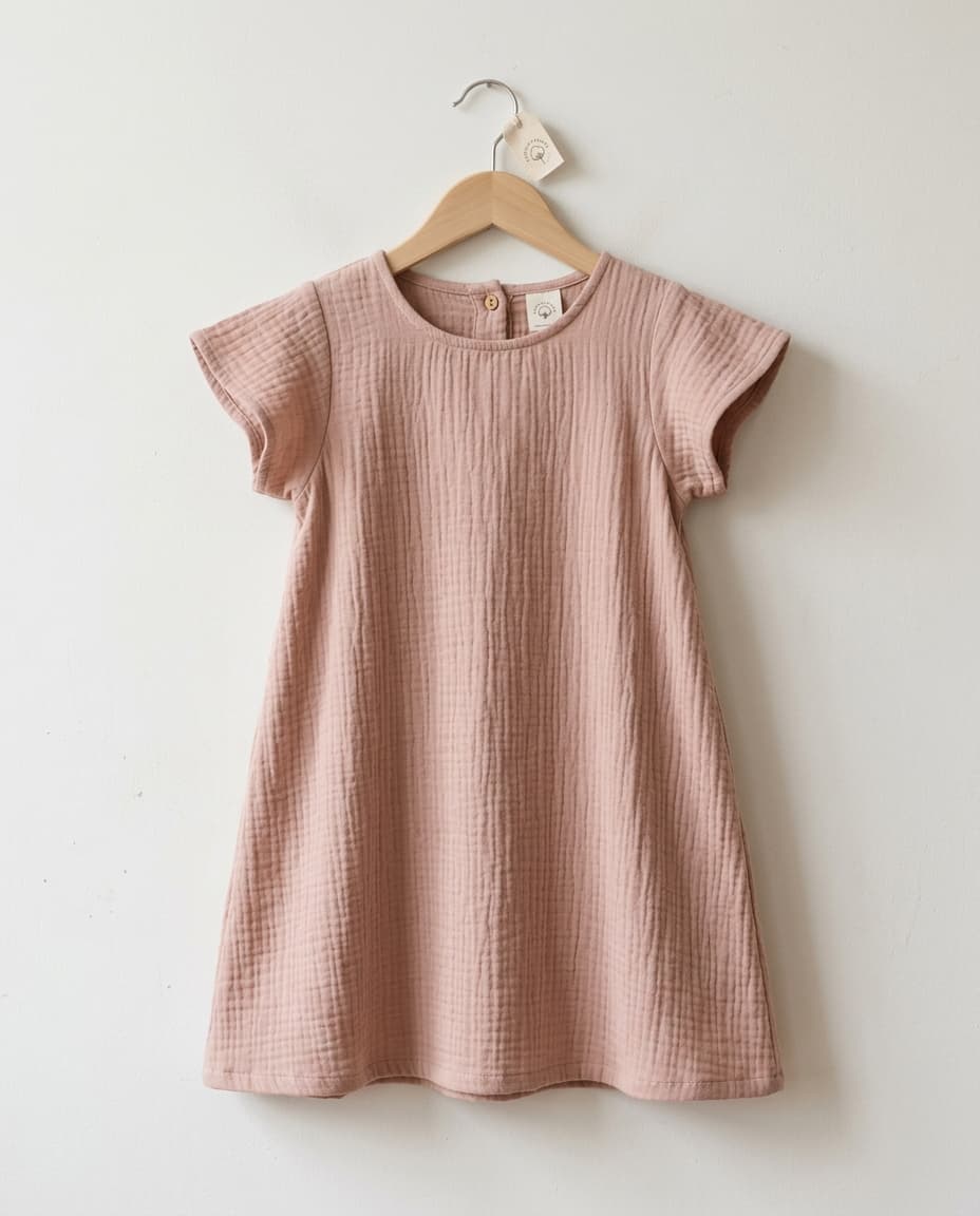 Petite robe d'enfant en double gaze de coton rose suspendue à un cintre en bois.